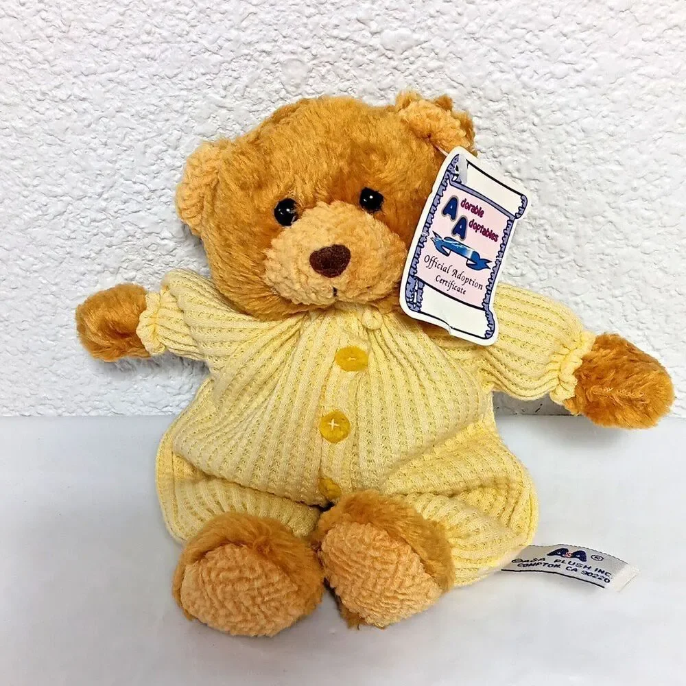 A&A Adorable Adoptions Teddy Bear Waffle Weave Pastel Yellow Soft Body Baby Toy